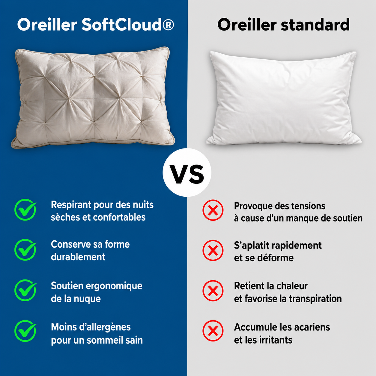 SoftCloud® Oreiller de confort premium hypoallergénique.