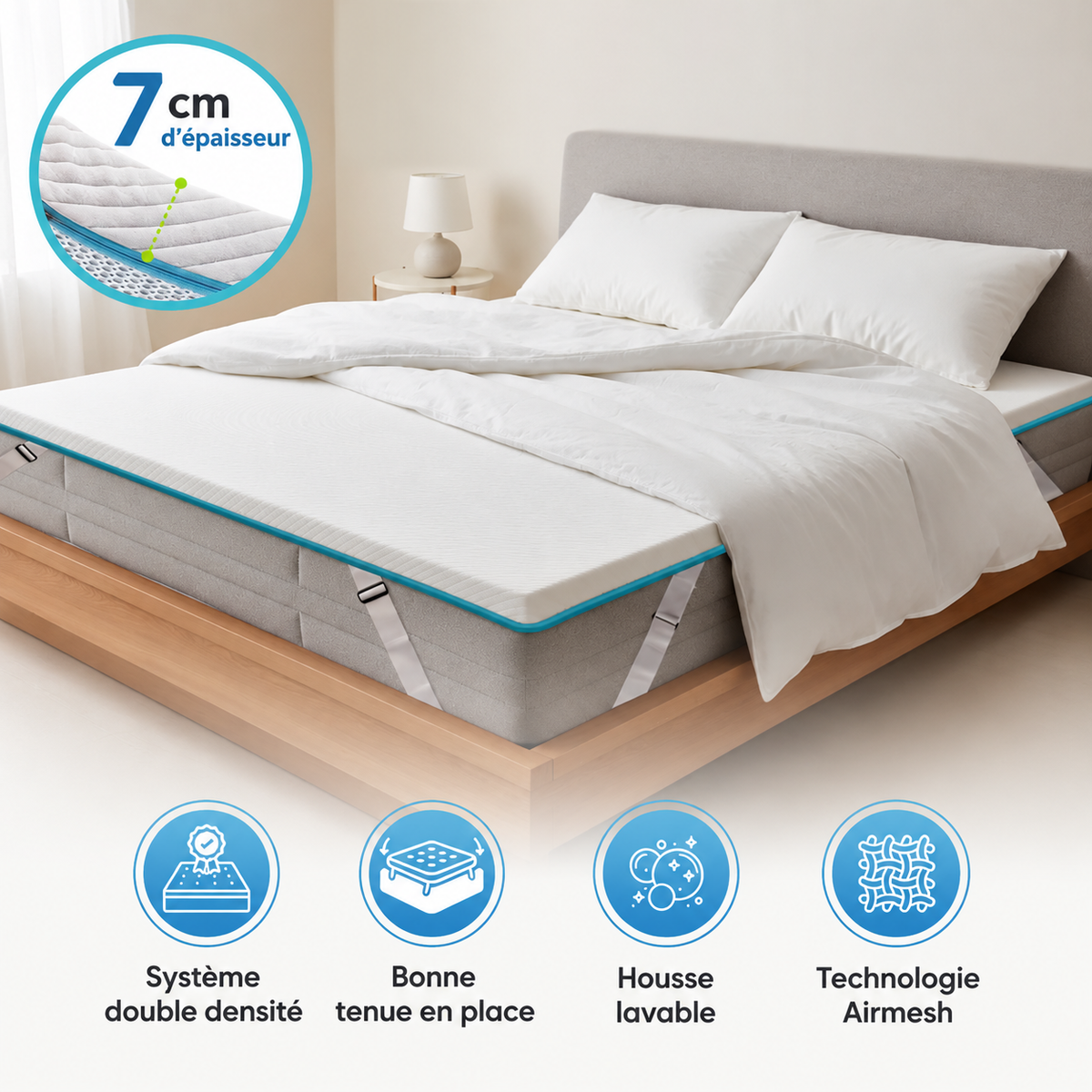 Surmatelas à fermeté moyenne – 7 cm d’épaisseur.